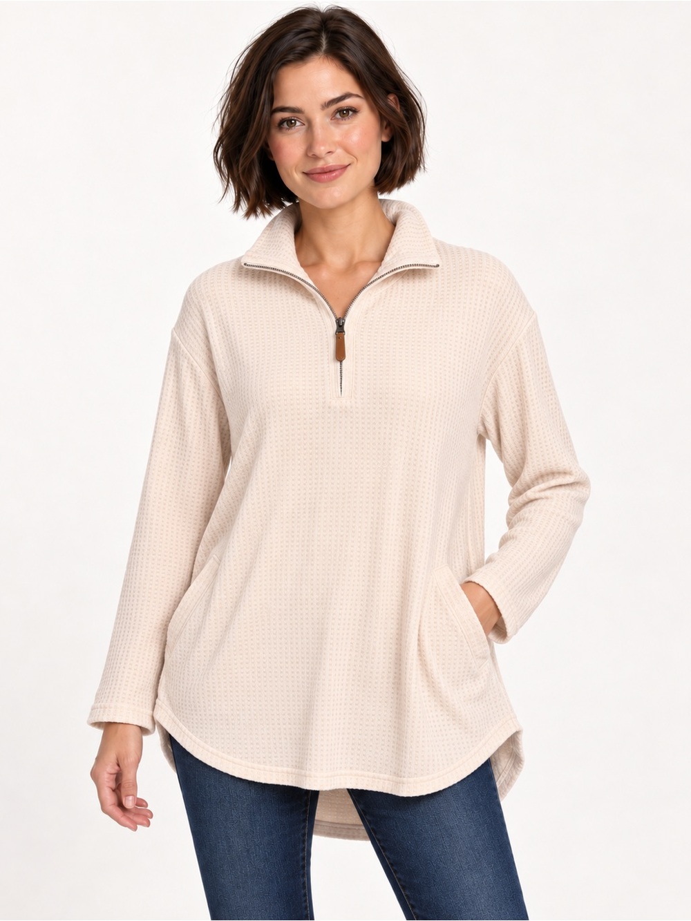 NWT Kori America Women’s L Cream Oversized Waffle Knit Quarter Zip Tunic Pockets